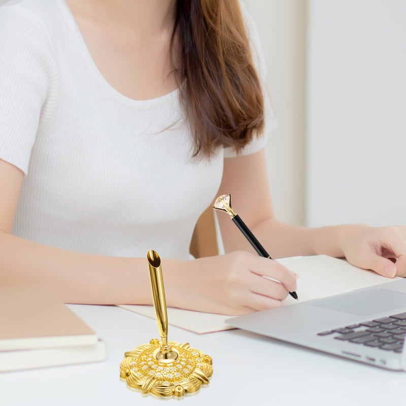 RUTICH Hollow Round Pen Holder Signing Pen Set with Big Diamond Crystal Pen for Wedding Bridal Opening Ceremony Graduation Office, Golden Holder with Black Pen(Black Ink) - Image 5